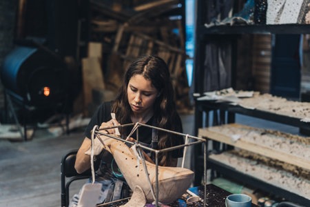 Portrait of young woman enjoying favorite job in workshop.の写真素材