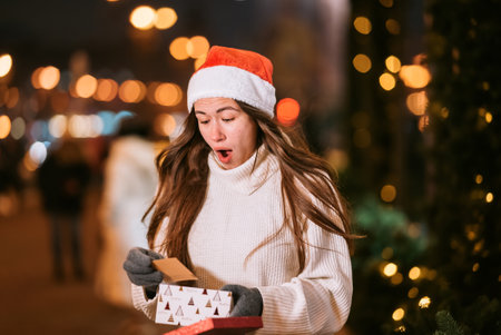Night street portrait of young beautiful woman acting thrilled.