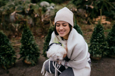 Woman with a white dog in her arms near a green Christmas treesの写真素材