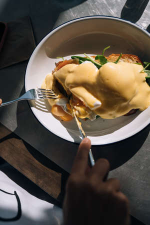 Lovely, nutritious and delicious breakfast in a cafeの写真素材