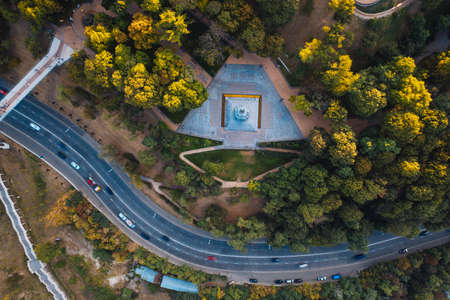 Aerial drone view of new pedestrian bridge from aboveの写真素材