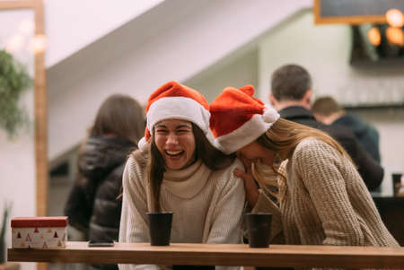 Portrait of happy cute young friends having fun in cafe