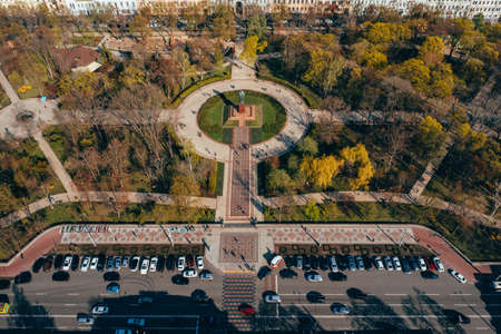 Kiev. Ukraine. April 18 2019. Monument Taras Shevchenko. Aerial view.のeditorial素材