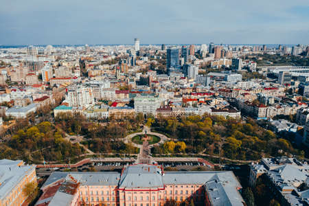 Kiev. Ukraine. April 18 2019. Monument Taras Shevchenko. Aerial view.のeditorial素材