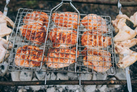 Grill season outdoor in park. Spring summer grilling.の写真素材