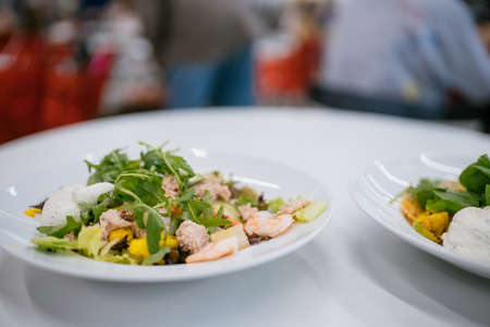 Fresh food with seafood and greens, healthy food concept.