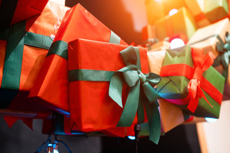 Gift boxes with ribbons of different colorsの写真素材