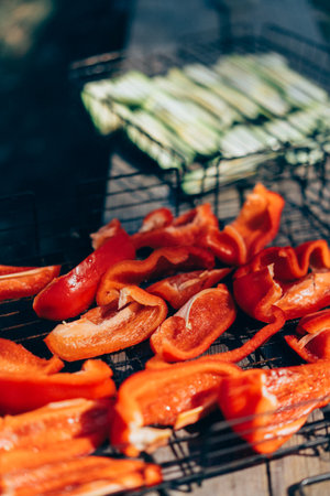 Grilled red pepper on grillの写真素材