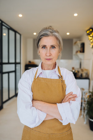 Portrait of strict granny standing in displeased pose staring angry at cameraの写真素材