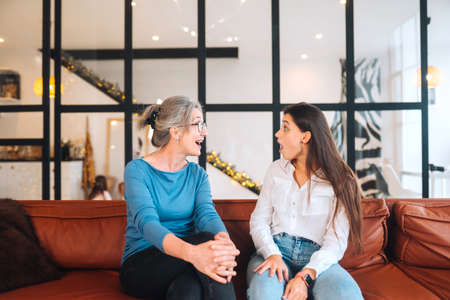 Young woman visiting grandmother at home, women talkの写真素材