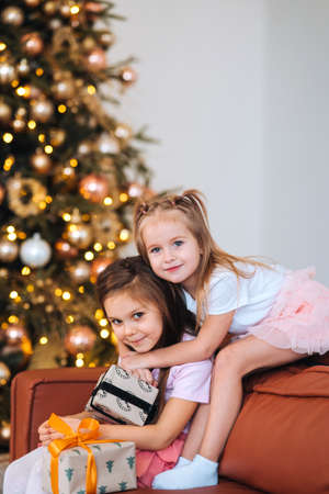 Two little girls are playing with New Years gifts by the tree at sofa.の写真素材