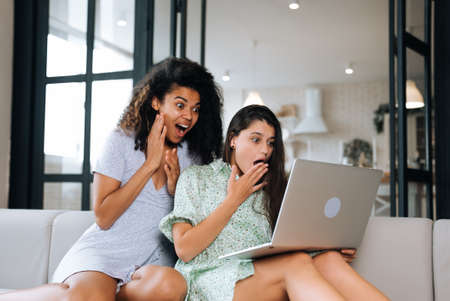Two beautiful young women relaxing on the living room floor looking at a laptopの写真素材