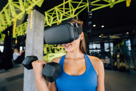 Woman wearing glasses of the virtual reality exercising with dumbbells