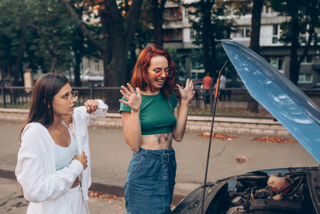 Two women with broken car on the road. Open hoodの写真素材