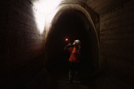Female digger with flashlight explores the tunnelの写真素材