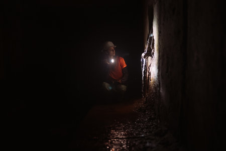 Female digger with flashlight explores the tunnelの写真素材