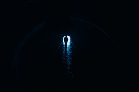 Silhouette of a woman in a tunnelの写真素材