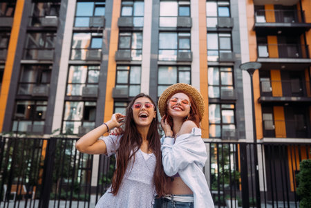 Two girlfriends having fun and fooling aroundの写真素材