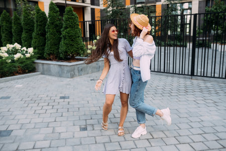 Two girlfriends having fun and fooling aroundの写真素材
