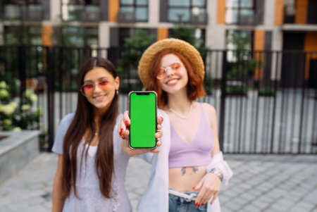 Girlfriends shows their phone to the cameraの写真素材