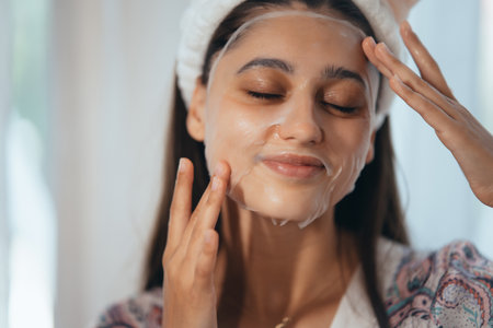 Beautiful model applying cosmetic cream treatment on her face