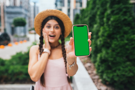 woman showing modern smartphone with green screen for replacementの写真素材