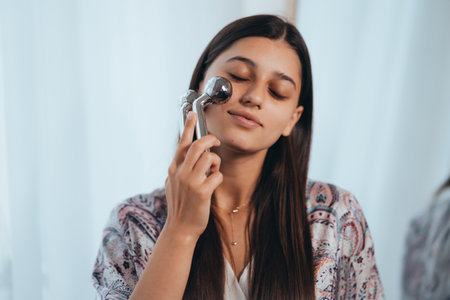 Woman massaging her cheek with massage Y-shaped ball roller.の写真素材