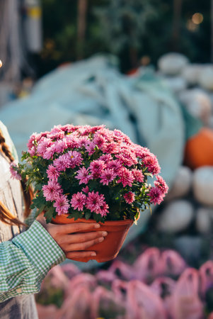 Woman holding decorative flower in flower pot on the market.の写真素材