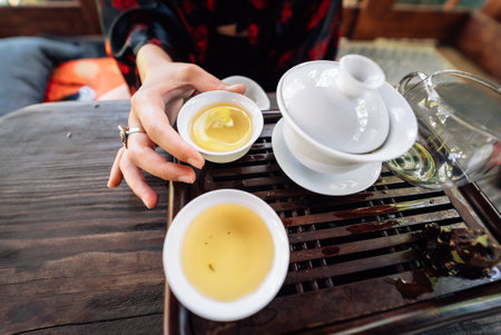 Top view tea set a wooden table for tea ceremony background.の写真素材
