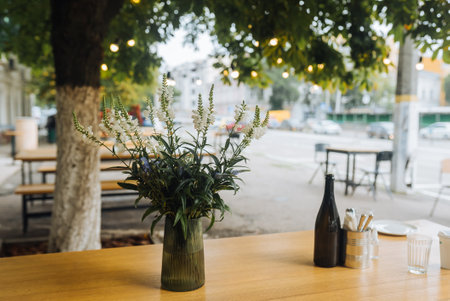 An empty street cafe, no one is thereの写真素材