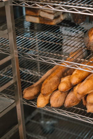 View from above of the just-baked bread baguettes.