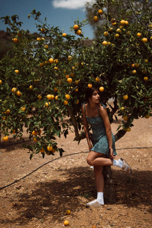A woman is elegantly standing under a citrus tree in a beautiful agricultural environment