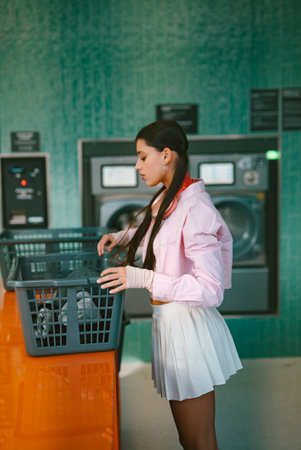 A Stylish Young Woman Enjoying Her Time at a Modern Laundry Facility for Washing Clothesの写真素材