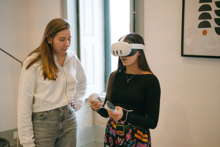 Exploring the fascinating world of Virtual Reality An engaging experience utilizing a VR headsetの写真素材