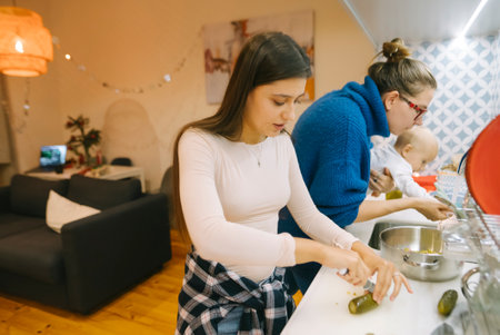 A Family Cooking Together in a Cozy and Inviting Kitchen Space with Joyful Atmosphere