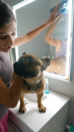 A woman is cleaning a mirror while her adorable French Bulldog sits nearby in the bathroomの写真素材