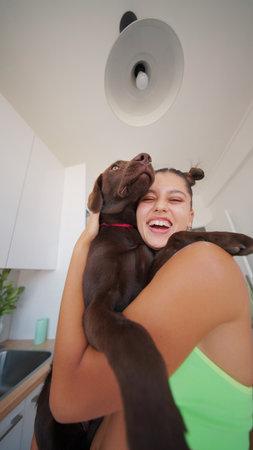 A Joyful and Happy Embrace with a Playful Chocolate Labrador in a Bright, Cheerful Kitchen