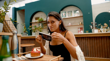 Captivating Moment at a Cozy Caf with Dessertの写真素材