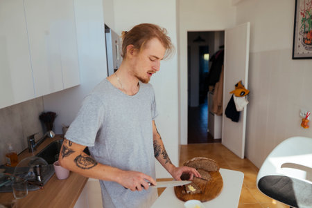 Warm morning ambiance with casual breakfast and comfortの写真素材