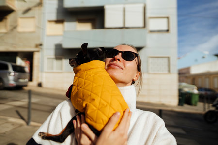 Casual winter fashion showing joyful pet affection outdoors