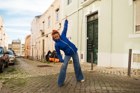 Casual street style captured with architectural accents and lightingの写真素材