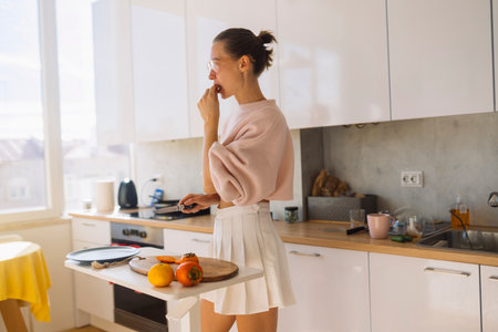 woman enjoying mindful morning coffee, freelance writerの写真素材