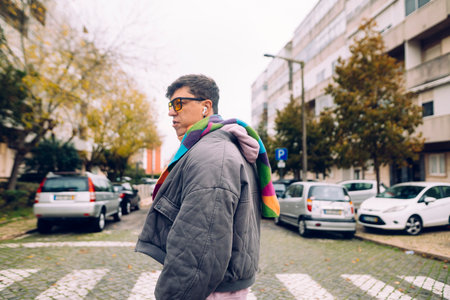 Teenage man with backpack and scarf in city environmentの写真素材