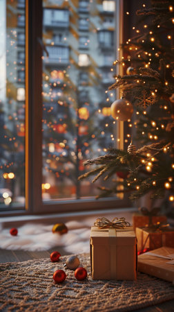 Intimate holiday interior with wrapped gifts and shimmering lightsの写真素材