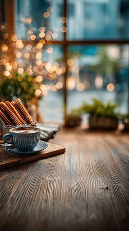 Early morning tranquility with steaming drink and gentle lightingの写真素材