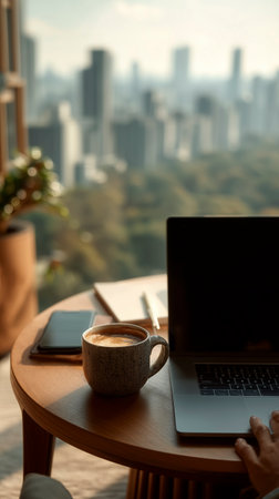 Working With Coffee, Morning Productivity With Beverage, Focused Workspace Featuring Drinks And City Viewsの素材