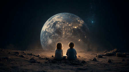 Silent Children Observe Large Earth, Two Kids Enjoy Peaceful Moon View With Vast Planet Above Themの素材