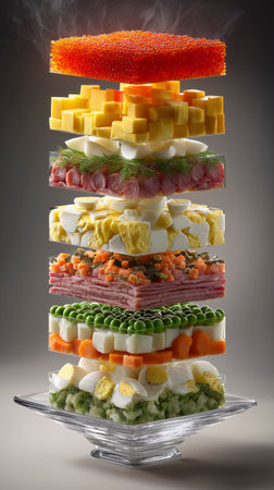 Elegant Layered Salad, Gourmet Cheese And Bacon Display, Artistic Culinary Presentation With Smoked Backdropの素材