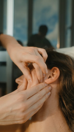 Practitioner applying gentle pressure for ear relaxation session