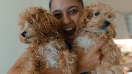 Excited owner introduces adorable new puppies in cheerful home environment